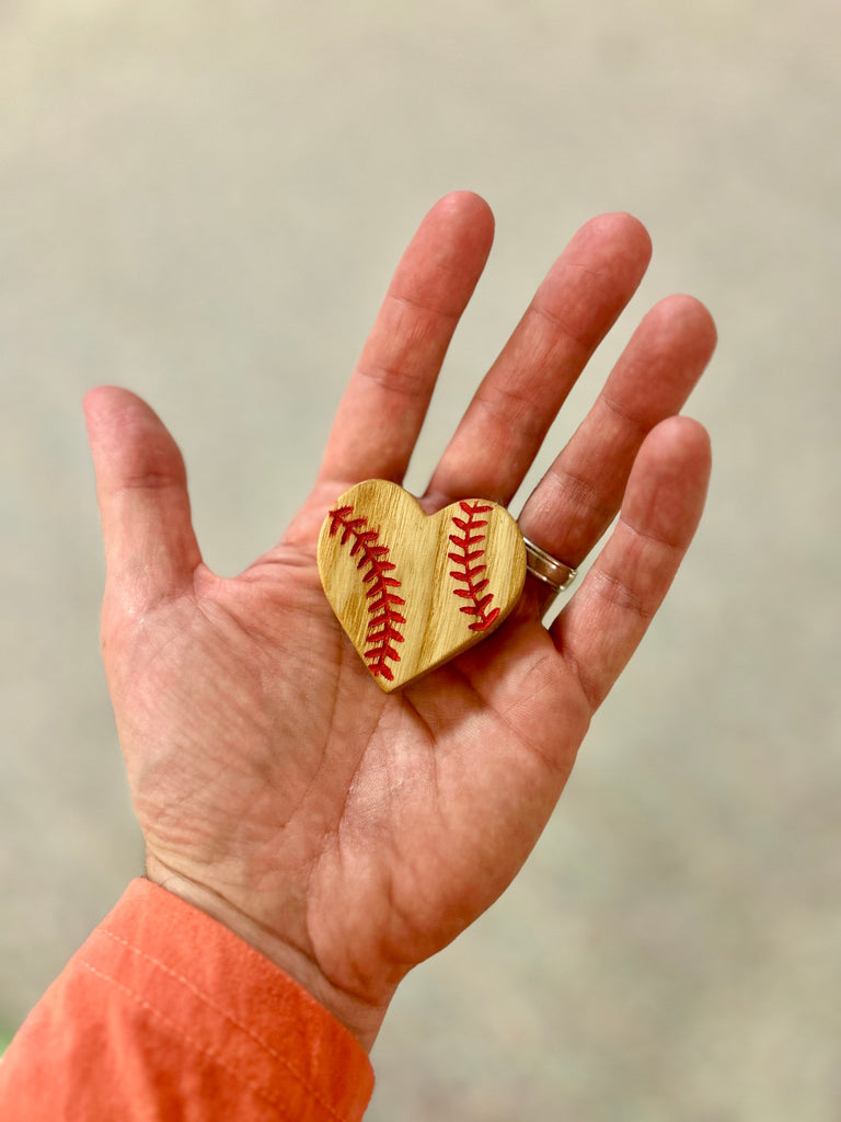 Interior Bat Wood Hearts with Red Baseball Seams Engraving